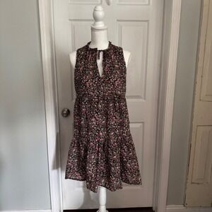 Floral Print Dress Ruffle Mock Neck Sleeveless Casual